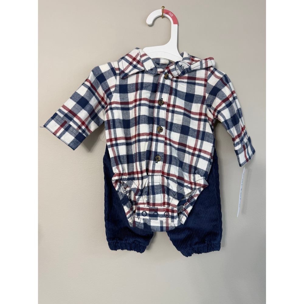 Carter's 2-Piece Outfit Newborn Blue Red Plaid Bodysuit Corduroy Pants NWT